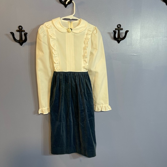 Vintage Youth Marshall Sinclair Dress White and Blue with Velvet Skirt Size 7 - Picture 1 of 6